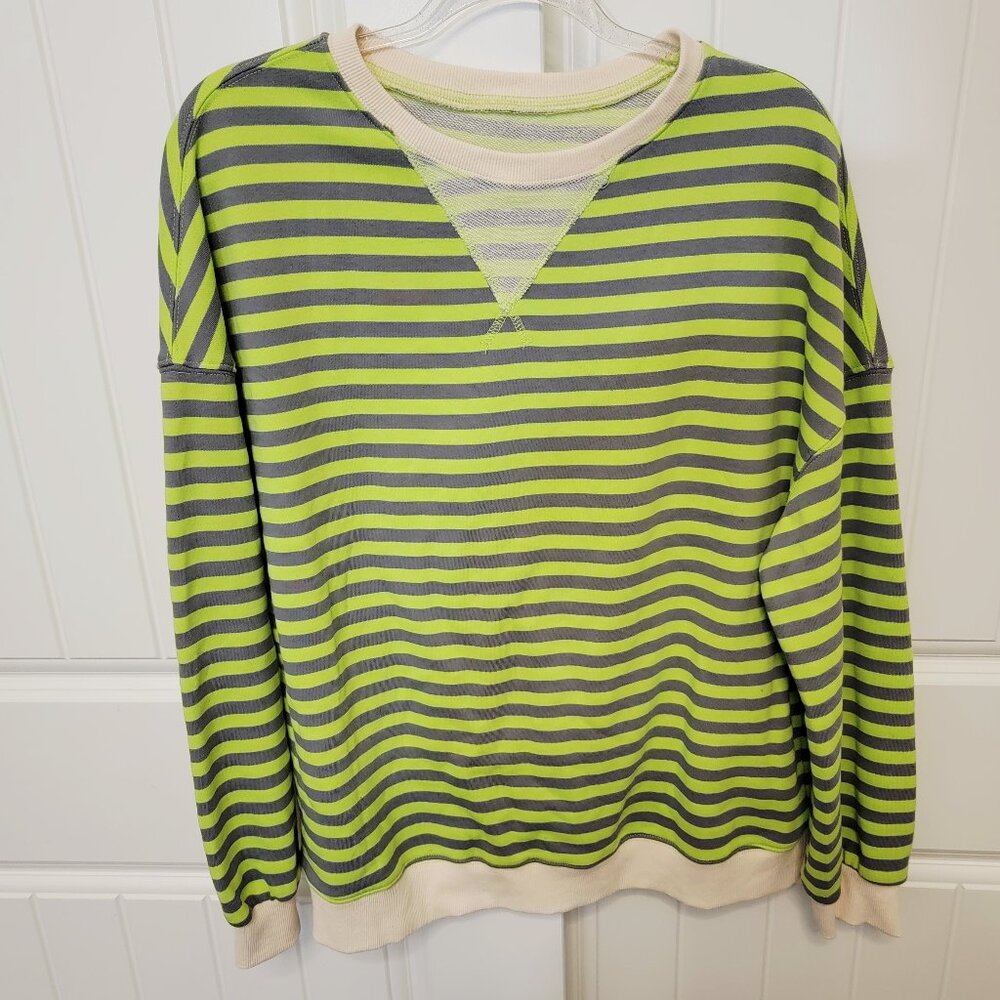 Women's Size Large Oversized Striped Sweatshirt Neon Green/Gray/Cream EUC